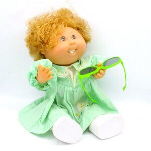 Vitg Cabbage Patch Hasbro 1992 Doll With Curly Blonde Hair Green Dress & Neon Su